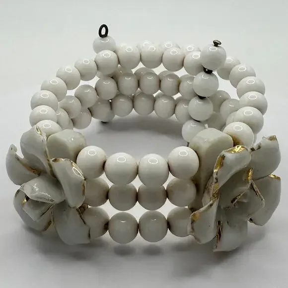 Vintage Japanese porcelain white milk glass beads beaded wrap cuff bracelet - Picture 2 of 12